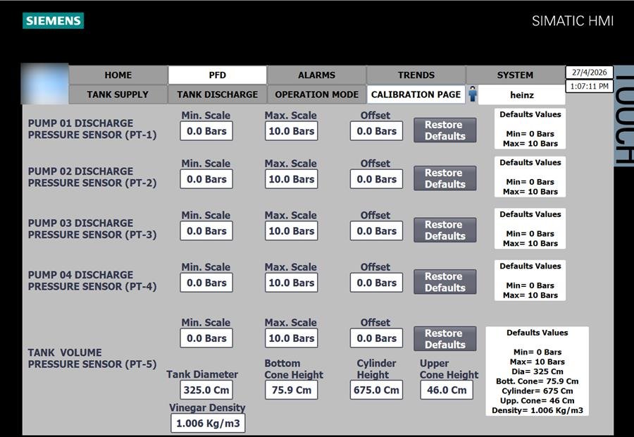 Heinz settings and parameters screen