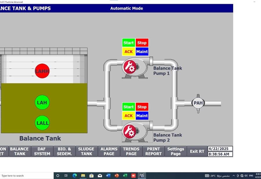 SCADA balance tank and pumps screen