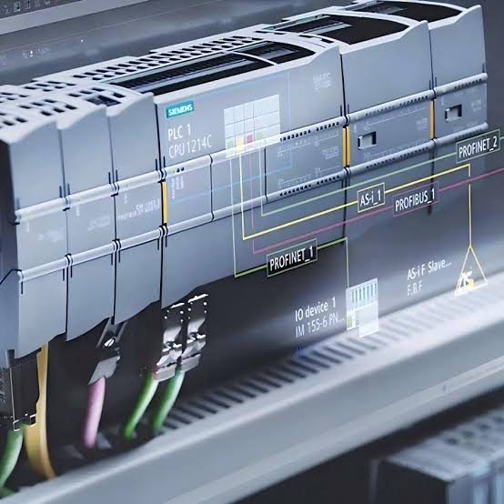 Siemens PLC close-up with communication and network overlays