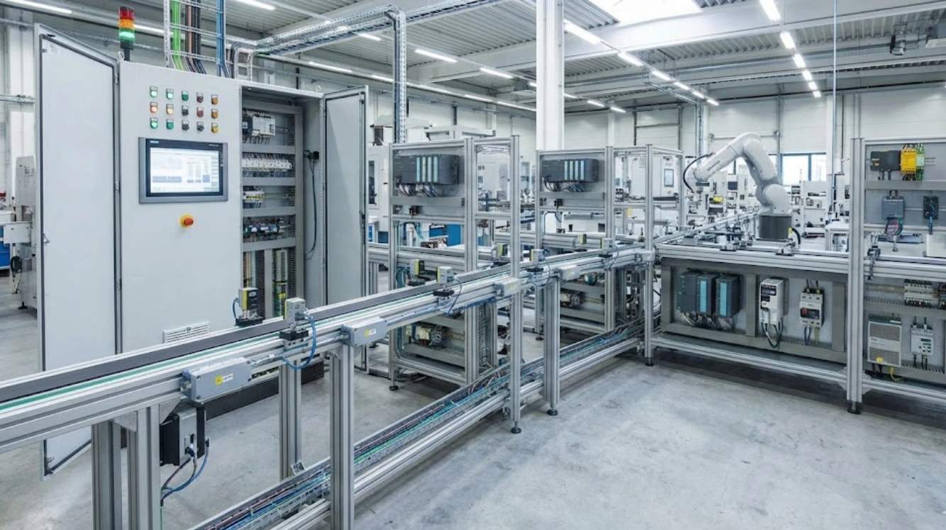 Wide industrial automation line with control panel and robotic cell