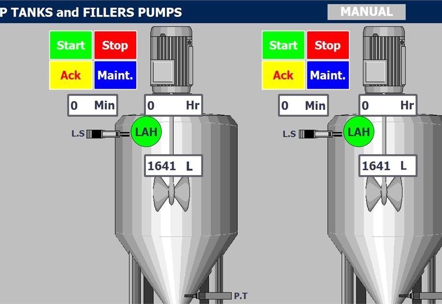 Syrup tanks and filler pumps HMI screen